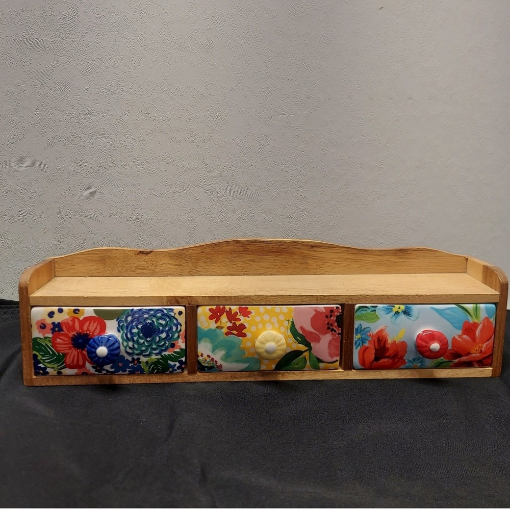The Pioneer Woman Spice Rack Wood Shelf Ceramic 3-Drawers Bin Floral Melody
